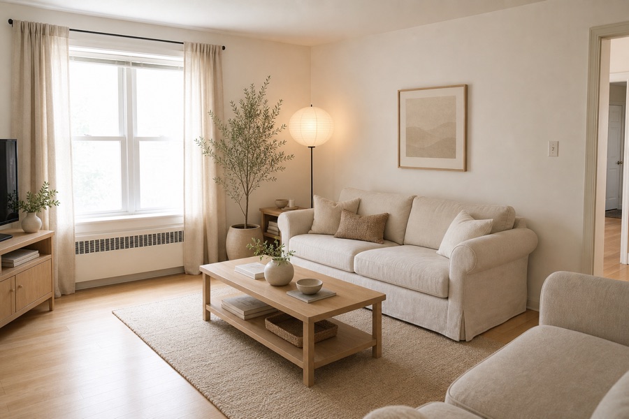 The same living room redesigned by Recasa — same window, same layout