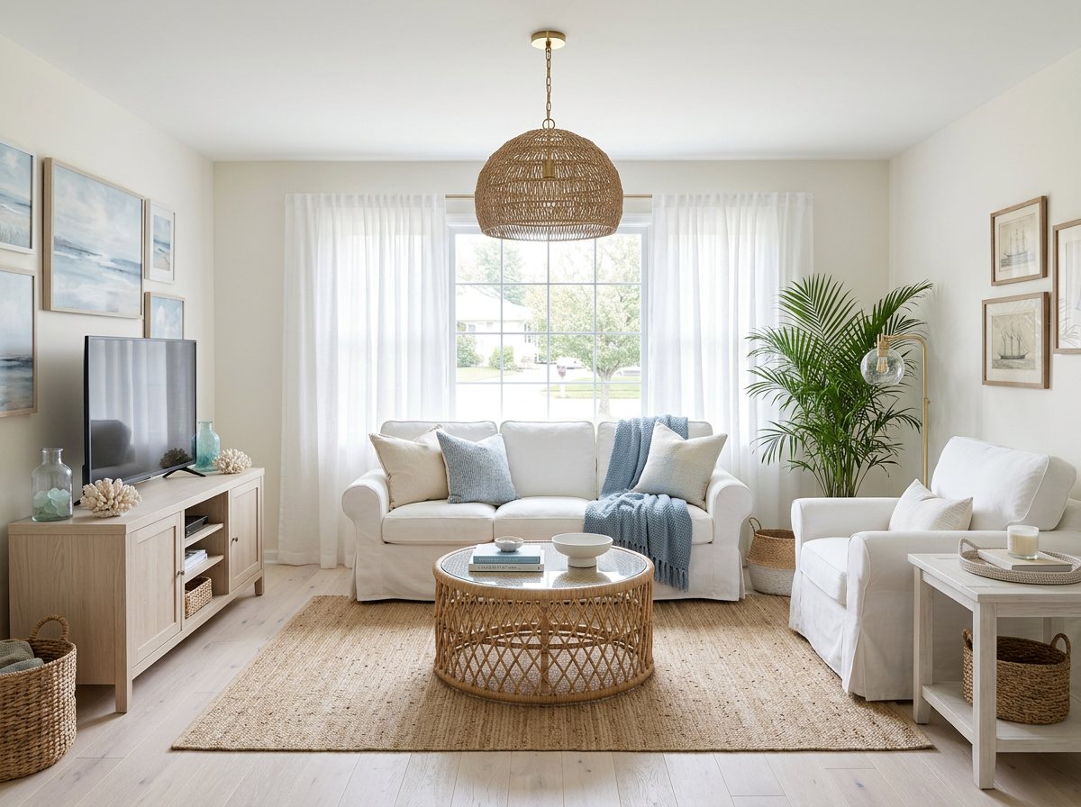 The same living room in coastal style with a white slipcovered sofa, jute rug, sheer curtains and a rattan pendant