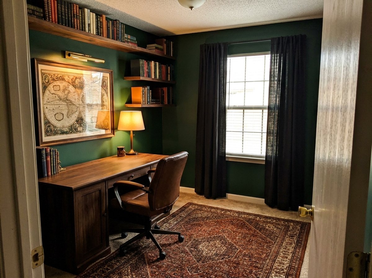 The same room as a green home library with walnut shelves, a leather chair, an antique map and a persian rug