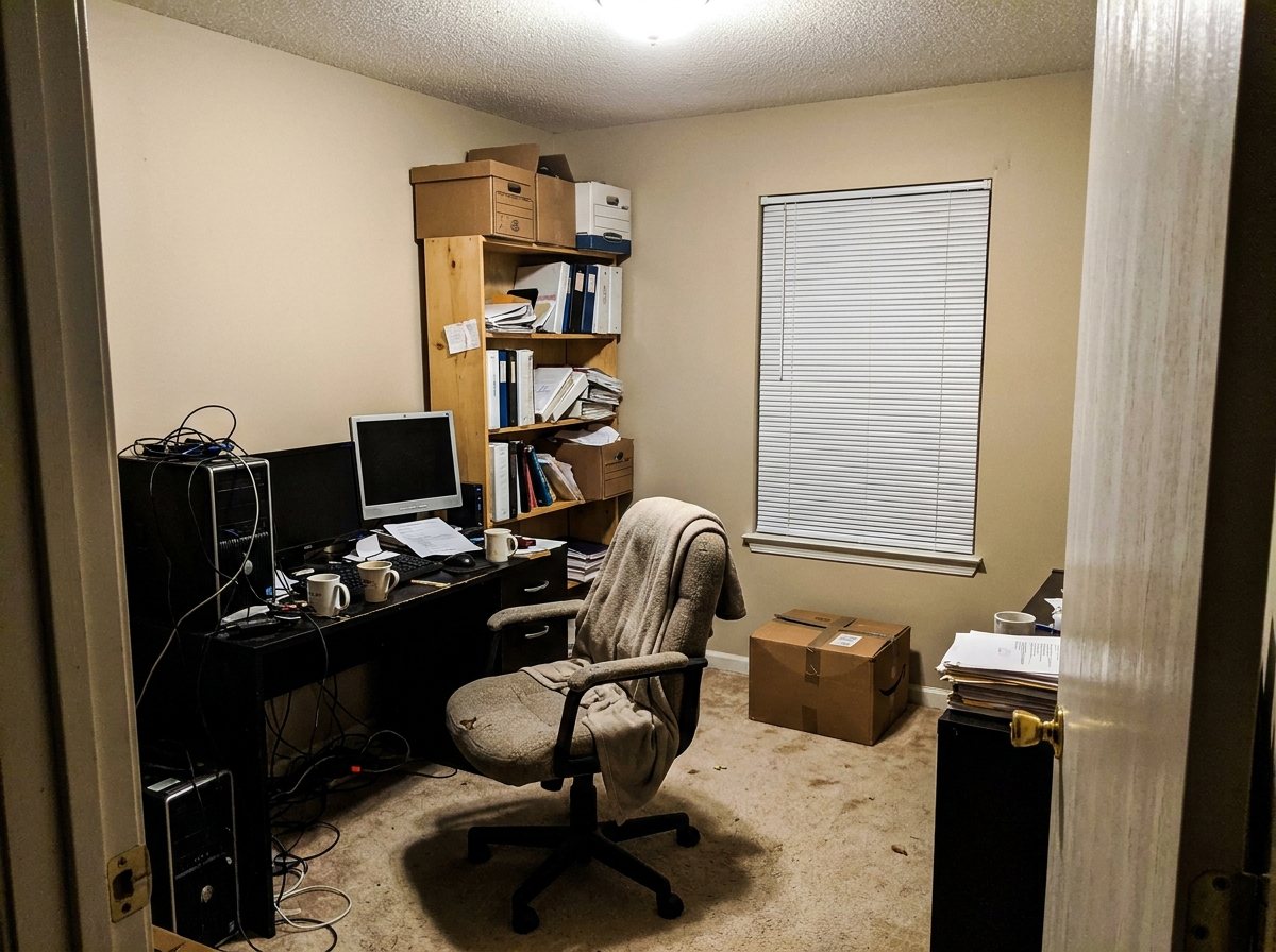 A cluttered spare office with cream walls, a black desk covered in cables, cardboard boxes and worn carpet