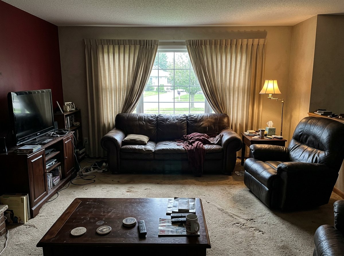 A dated living room with a burgundy accent wall, brown leather sofa and worn beige carpet