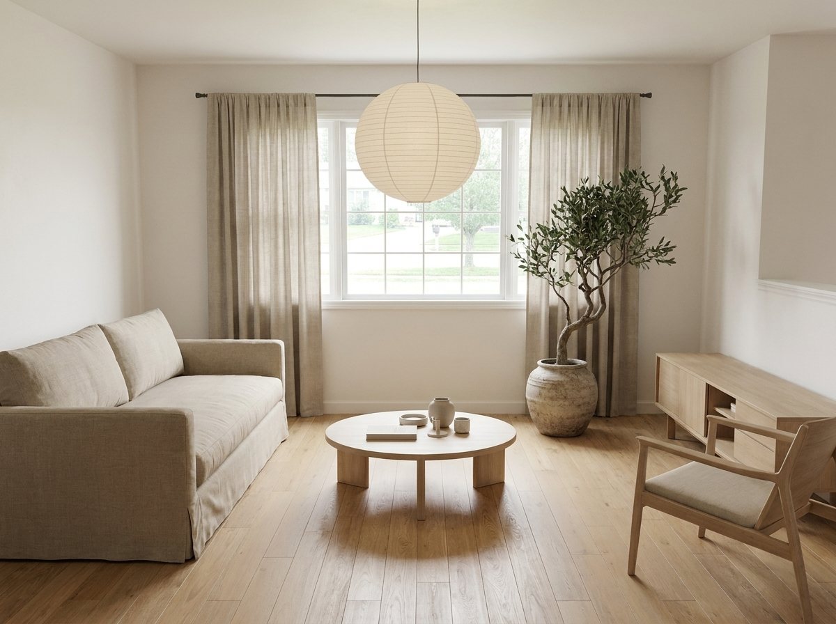 The same living room in Japandi style with warm white walls, oak floors and a paper lantern