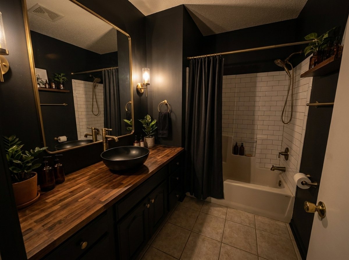 The same bathroom in charcoal and brass with a butcher block counter, black vessel sink and white subway tile