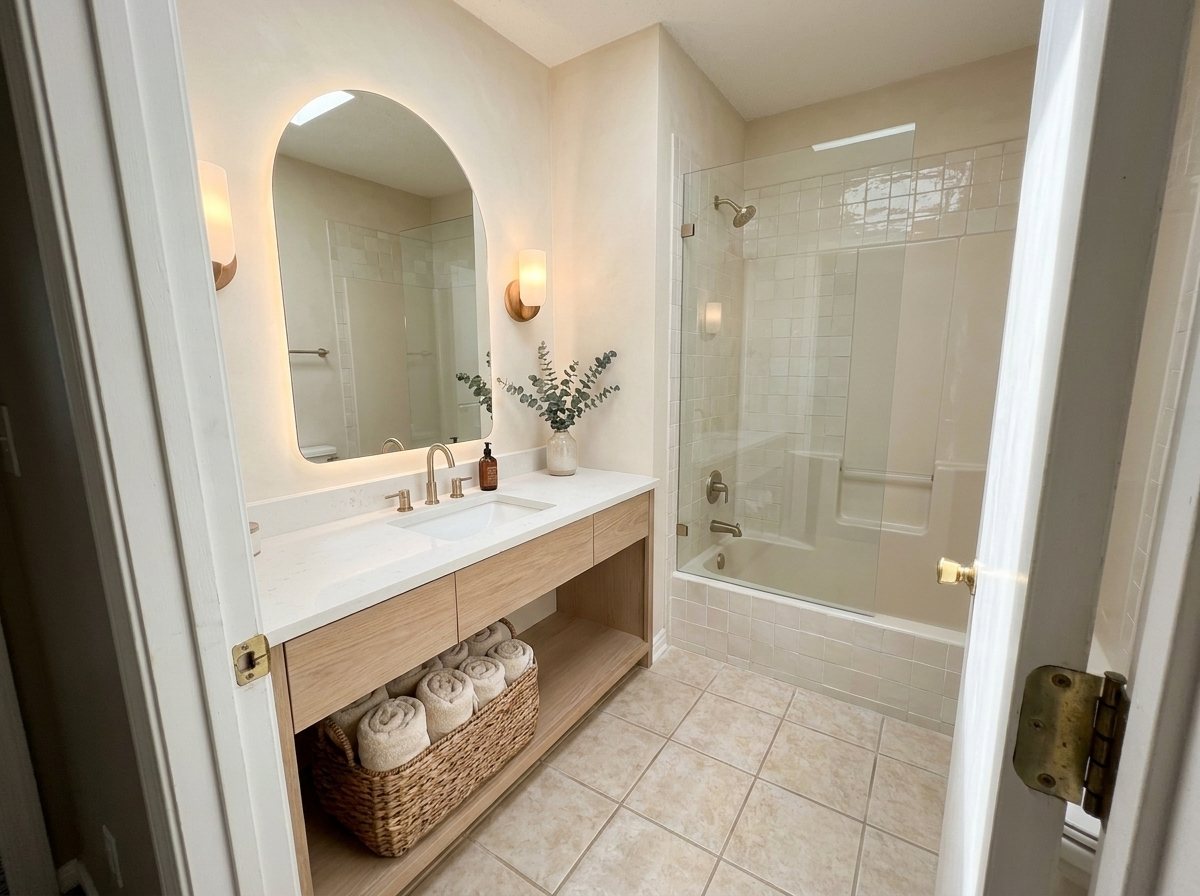 The same bathroom as a bright spa with an arched backlit mirror, white oak vanity and a glass tub screen